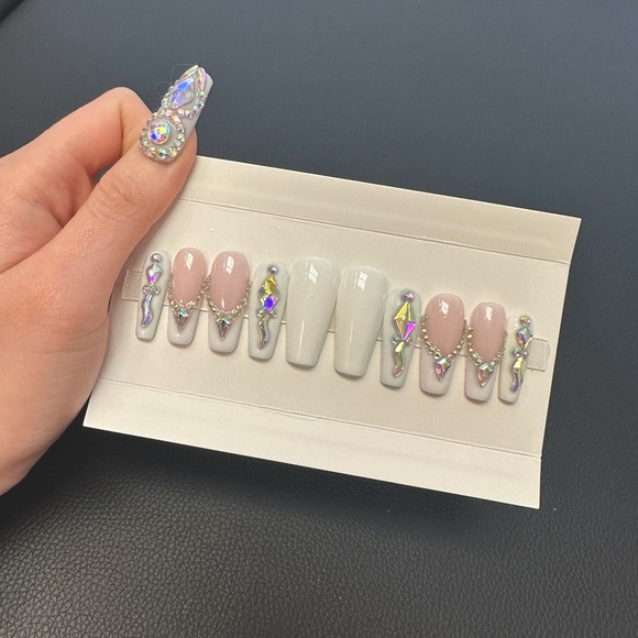 Absolute Handmade Reusable Press On Nails | Bridal Nails | Gemstones | White - Picture 1 of 9